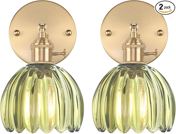 Vintage Wall Sconces Set of 2 with Green Tulip Glass Lampshade 180 Degree Adjustable Brass Sconces Hradwired Modern Wall Lighting Fixture with Switch for Bedside Bedroom Doorway