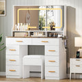IDEALHOUSE Vanity Desk with Mirror and Lights, Makeup Table with Glass Top & 8 Drawers, 3-Color LED Mirror, Power Outlets & USB, Hair Dryer Holder, Stool Included, Dressing Table Set for Bedroom