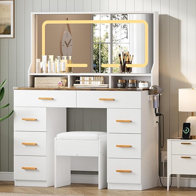 IDEALHOUSE Vanity Desk with Mirror and Lights, Makeup Table with Glass Top & 8 Drawers, 3-Color LED Mirror, Power Outlets & USB, Hair Dryer Holder, Stool Included, Dressing Table Set for Bedroom