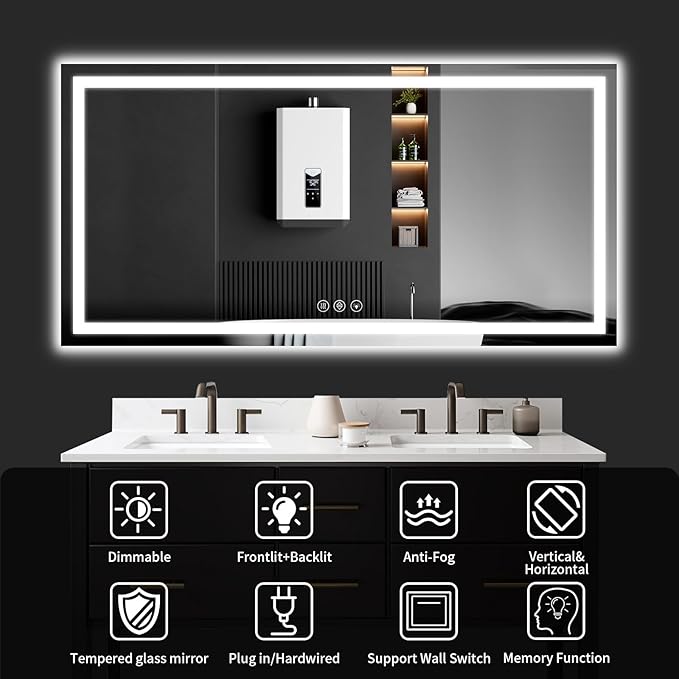 LED Bathroom Mirrors 36"x60" Bathroom Mirror with Lights for Wall, Backlit + Front Lit, 3 Colors, Anti-Fog, Dimmable Brightness for Vanity,Bathroom, Entryway, Living Room