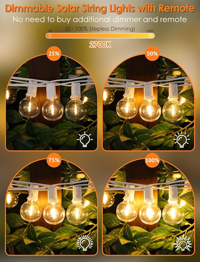 25FT Solar String Lights Outdoor with Remote, Waterproof Dimmable 3 Modes Patio Lights with 10+1 LED Shatterproof G40 Bulbs for Garden-White