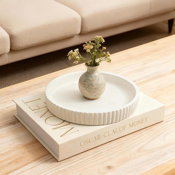 Decorative Concrete Tray & Book Set - Modern Scalloped Home Decor Tray & Linen Storage Box for Coffee Table, Bookshelf, Entryway, Console, Living Room, Housewarming Gift (White)