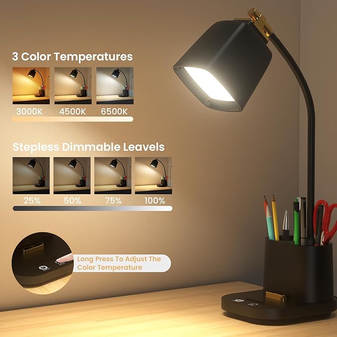 Desk Lamp with USB Charging Port & Pen Holder, LED Desk Light for Home Office, Touch Dimmable, Ideal for Study, Reading, and Work (Black)