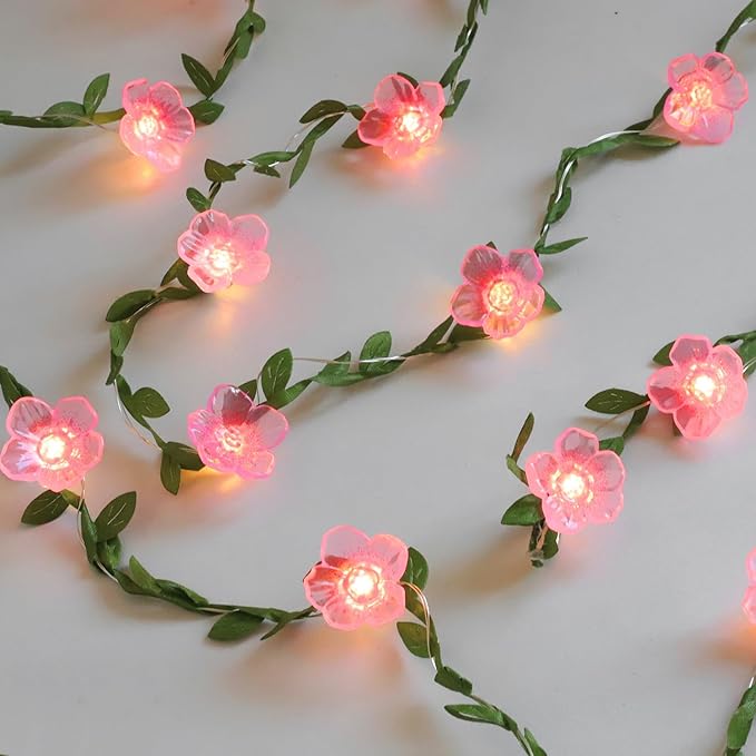 Cherry Blossom Decor Flower String Lights Vines with Fairy Lights Christmas, 30 LED Copper with Remote Control Battery Operated Pink Flower Garland Leaf for Locker,Bedroom, Wall,Christmas Decorations