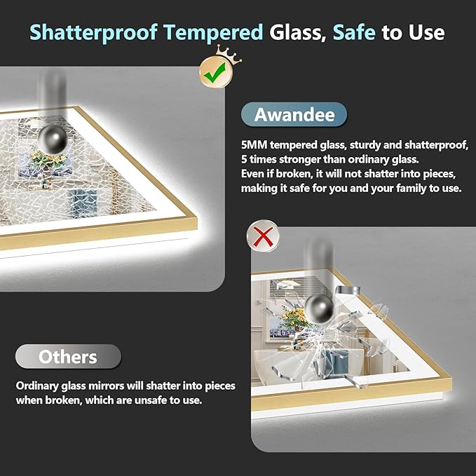 44x36 Gold LED Bathroom Mirror with Lights, Brushed Gold Framed Backlit and Front Lit Anti-Fog Lighted Vanity Mirrors for Bathroom Wall, Dimmable, 3 Colors, Memory, HD Tempered Glass, CRI＞90