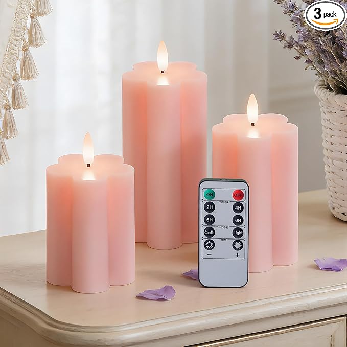 Pink Flower Flameless Candles with Remote and Timer Real Wax Made LED Pillar Candles Battery Operated with 3D Flickering Flame Indoor Use Spring Decor, 3" x 4",5",6", Set of 3