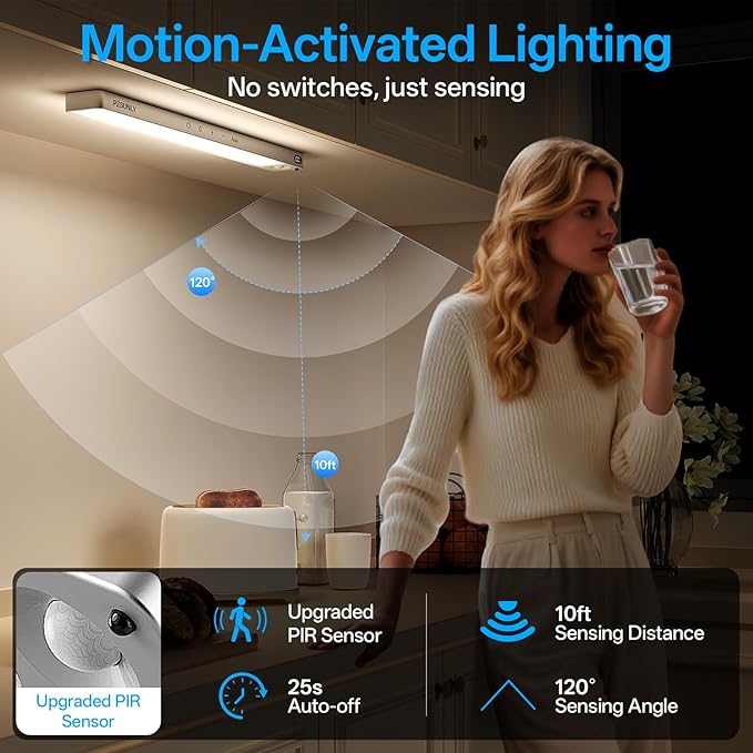 14.2inch Under Cabinet Lighting Wireless,Rechargeable Motion Sensor Light Indoor,3 Colors Dimmable,Magnetic Closet Lights with Remote,Under Counter Lights for Kitchen,Silver 5Pack