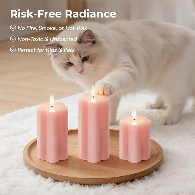Pink Flower Flameless Candles with Remote and Timer Real Wax Made LED Pillar Candles Battery Operated with 3D Flickering Flame Indoor Use Spring Decor, 3" x 4",5",6", Set of 3