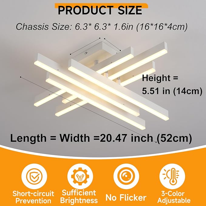 Modern LED Ceiling Light with Remote, Dimmable 21-inch Ceiling Lights for Bedroom Living Dining Room Kitchen, White Flush Mount Ceiling Light Fixture LED Chandelier Ceiling Lamp (6-Light)