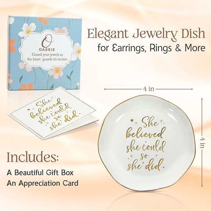 OASSIE Graduation Gifts for Women - 4x4 Round Ceramic Jewelry Dish Tray - Inspirational College High School Graduation Gifts for Friends Sister Women