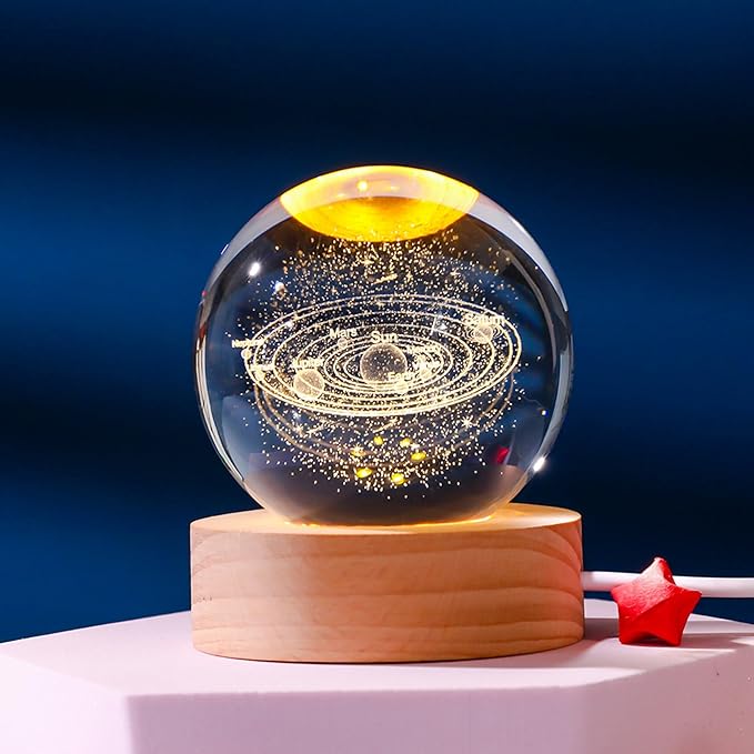 Happyhaves Calming Stellar Spheres Crystal Ball Night Light with Wooden Base, 3D Moon and Galaxy Lamp, Planet Sphere Calming Light for Bedroom Decor and Space Gifts (Solar System)
