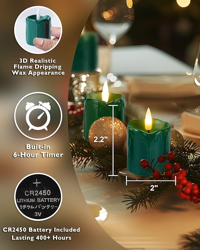 Homemory St. Patrick's Day 2" x 2" Green Timer Flickering Flameless Candles, 400+ Hour Battery Operated Votive Candles, 6Pack 3D Wick Electric Fake Candles for Party, Festival Celebration