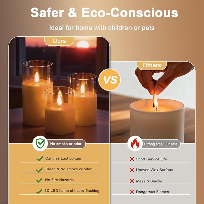 Gold Flameless LED Candles with Remote & Timer, 3-Piece Flickering Pillar Candle Set, Realistic Flame Effect, Adjustable Brightness, Battery Operated Candles for Home Decor, Wedding & Holiday