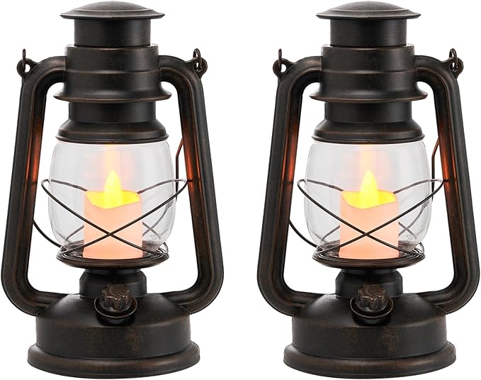 2-Pack Vintage LED Lanterns with Moving Flame Flickering- 9.5" Decorative Flameless Battery Operated Lamps with Timer for Outdoor Garden, Patio & Indoor Decor - Bronze