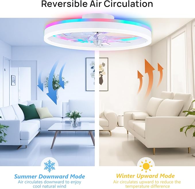 19.7" Ceiling Fans with Lights, Smart RGB Color Changing Low Profile Ceiling Fan, Modern Flush Mount Fandelier with Remote and APP, 6 Speeds, Quiet DC Motor, for Living Room, Bedroom, Indoor