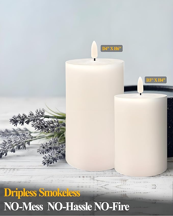 3"x4" Flickering Flameless Candles with Remote Timer, 3" Diameter White Pillar, Real Wax, Set of 2 Large Battery Operated LED Candles for Table and Fireplace Decor (H 4")
