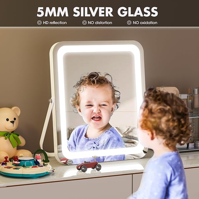 Hasipu Vanity Mirror with Lights, 10" x 12" LED Makeup Mirror, 3 Modes Light, Smart Touch Control Dimmable, 360°Rotation, Rectangle White Frame