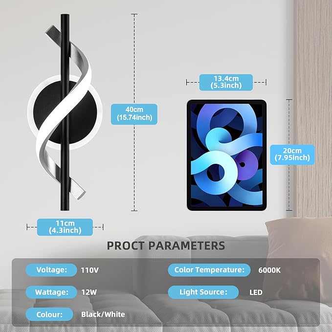 LED Wall Sconces Indoor, 12W LED Wall Mount Lights, Modern Spiral Wall Lamp, 6000K Cold Light Fixture for Stairs, Living Room, Bedroom, Aisle, Hallway (Cold White, Black)
