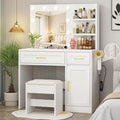 Vanity Desk with Mirror and Lights & Power Outlet, Makeup Desk with Drawer & Storage Shelves, 3 Lighting Modes Adjustable Brightness, Modern Gold Handle Dressing Table with Vanity Chair Bedroom
