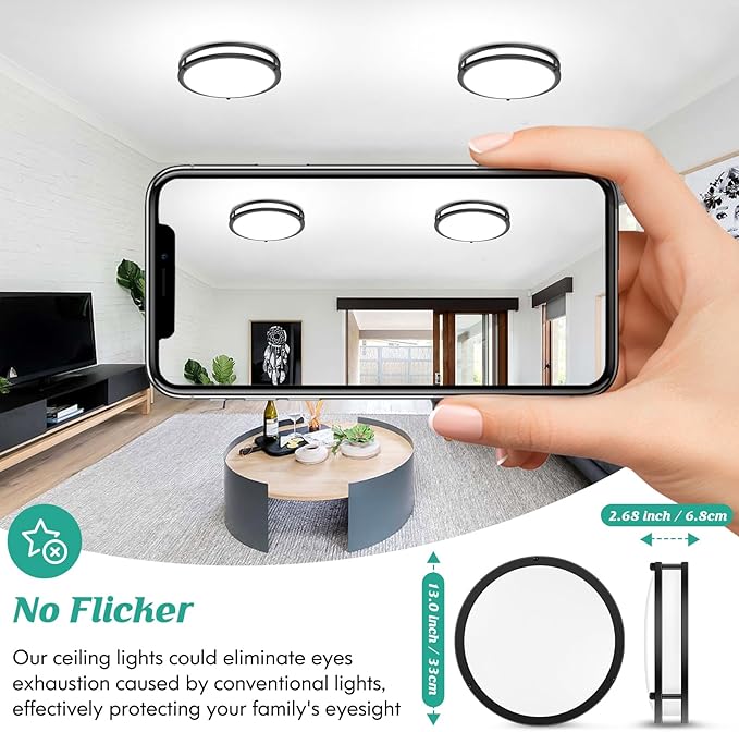 13 Inch LED Ceiling Light Fixture Black, 36W 4400Lm Flush Mount Ceiling Lamps, Dimmable 5CCT 2700K/3000K/4000K/5000K/6500K, Super Bright Modern Bedroom Ceiling Lights for Kitchen Hallway, 2 Packs