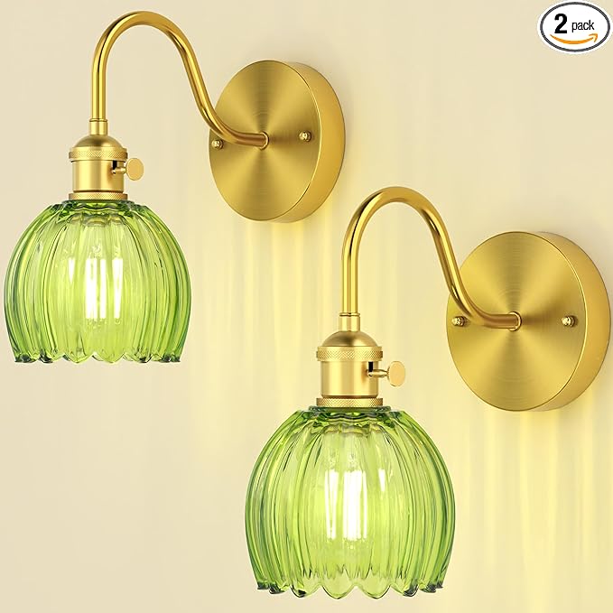 2-Pack Wall Sconces Lights Lamp for Bedroom Bathroom, Modern Vanity Light Fixtures, Wall Mount Lighting Vintage Tulip Green Glass Shade for Living Room Mirror Hallway Kitchen