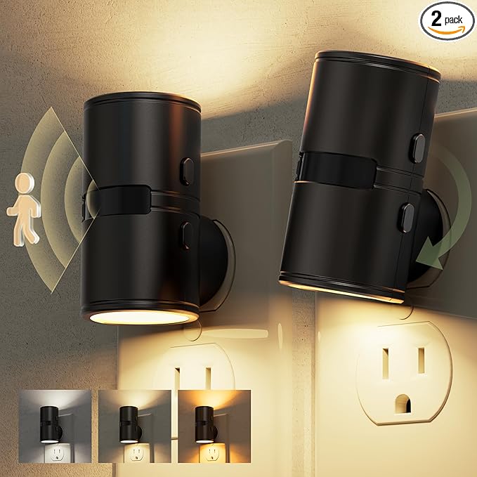 L LOHAS LED Motion Sensor Night Light, Mini Motion Activated Night Lights Plug into Wall, Rotating Motion Sensor Light Indoor, Amber-3000K-5000K, 10%-50%-100% Lumen, Hallway Bedroom Stairway, 2 Pack