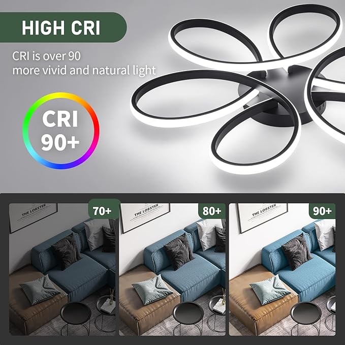 26inch Modern LED Ceiling Light, 6 Rings Flower Flush Mount Light Fixture with Remote Control Black Dimmable Ceiling Lamp for Living Room, Bedroom, Dining Room, Hallway, Kitchen