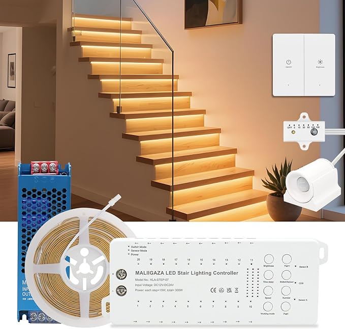 Motion Sensor LED Stair Light Kit, Multiple Working Mode Step Lights Including 3.28ft Cuttable COB LED Strips Indoor with Pannel Switch (20Stairs,3000K)