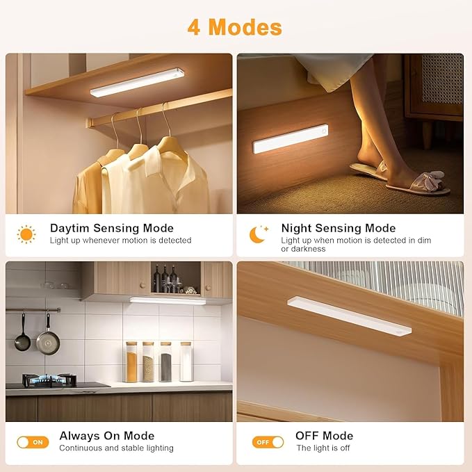 13inch Under Cabinet Lighting, 2500mAh Motion Sensor Light Indoor, USB Rechargeable Battery Operated Closet Light, Dimmable LED Cabinet Lights, Under Counter Light for Kitchen (2-Pack)