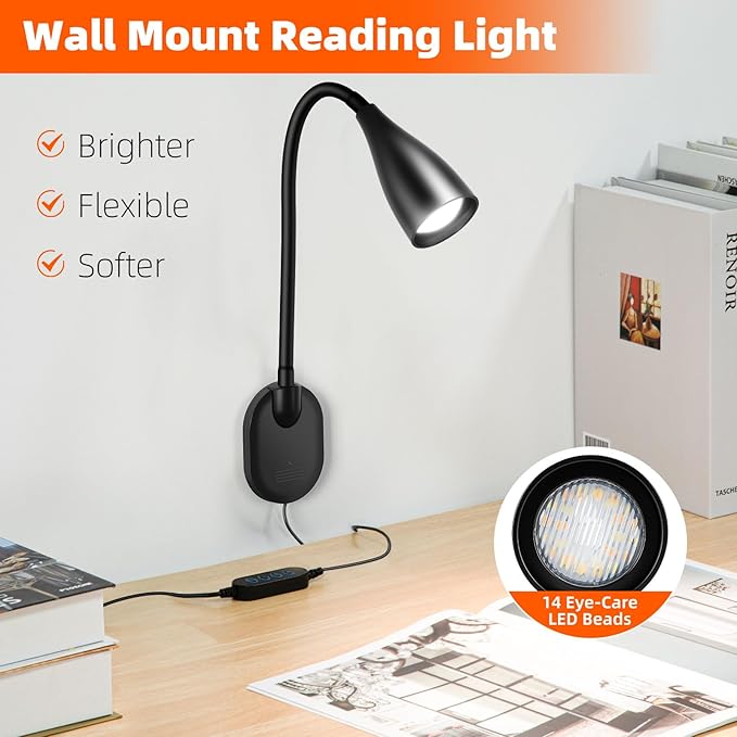 Wall-Mounted LED Bedside Reading Light with USB Charging Port, 10-Level Dimmable & Adjustable 5 Color, Plug-in Adhesive Night Lamp for Books in Bed, Eye-Caring Bedroom Lighting (Black 2 Pack)