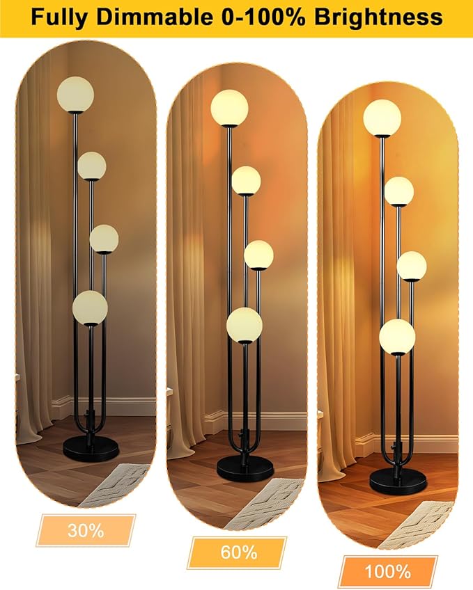 Lightdot Black Globe Floor Lamp 4-Lights Dimmable Floor Lamps with Tray 3000K Bulbs Included Unique Candle Standing Lamp for Living Room/Bedroom/Sofa Beside/Corner Decor