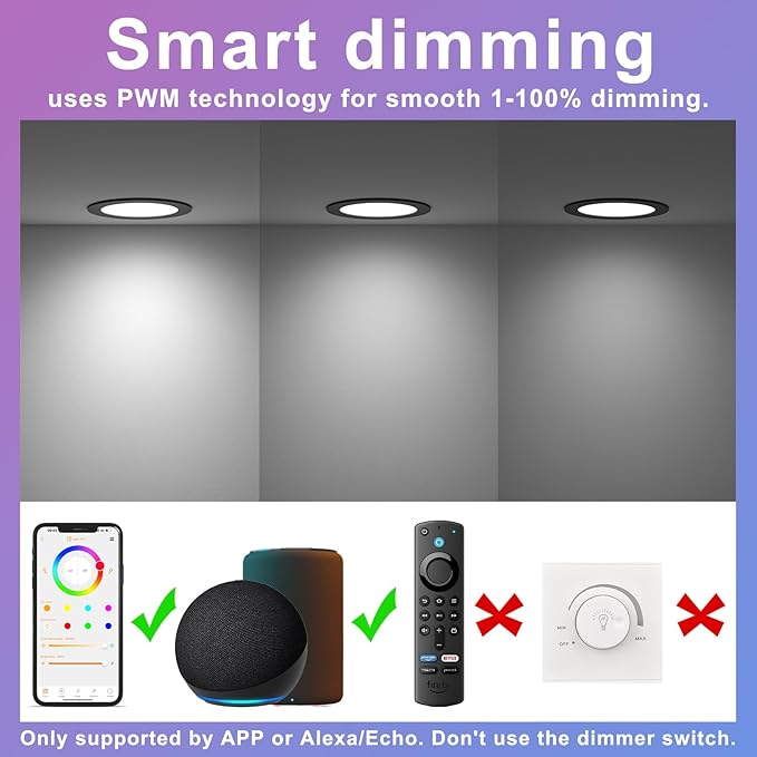 Smart Recessed Lighting 4 Inch Black RGBCW Color Changing 12W LED Downlight with Junction Box,1080 Lumen Recessed Ceiling Light Compatible with Alexa,Dimmable by Bluetooth Control -6Pack