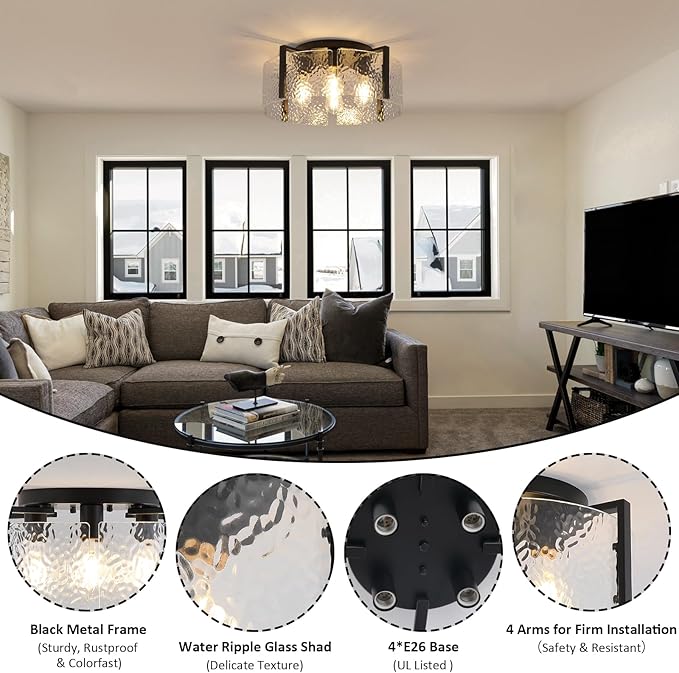 Black Flush Mount Ceiling Light Fixture, 4-Light Modern Entryway Light Fixture Ceiling Mount, Close to Ceiling Light Fixtures, Kitchen Lighting Fixtures Ceiling Lights for Bedroom Bathroom Hallway