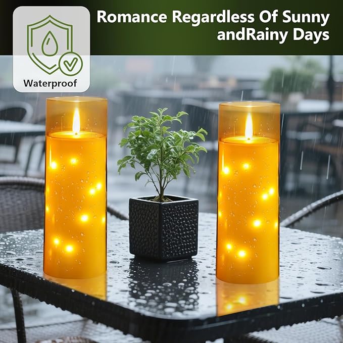 11" x 4" Large Outdoor Waterproof Flameless LED Candles with Remote and Timer,Acrylic Pillar Candles Battery Operated with Embedded Star String for Porch,Patio,Outdoor Decor,Set of 2(Gold)