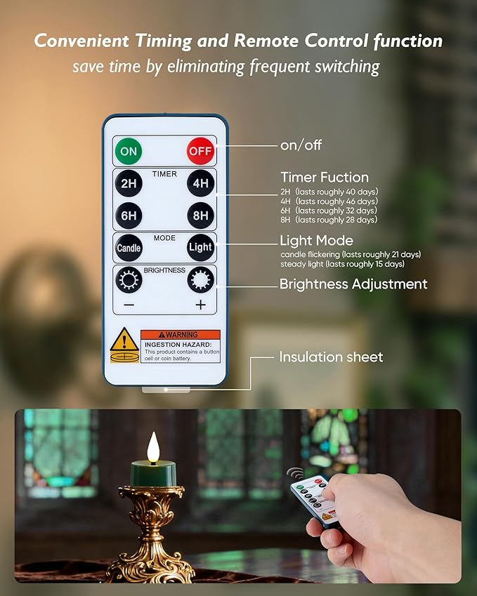 Amagic Flameless Green Timer Remote Tealights Candles, 3D Black Wick Flickering Tea Light, 300+Hour Colored Votive Candles Battery Operated, Set of 12 for Christmas, Theme Party, Holiday, Home Decor