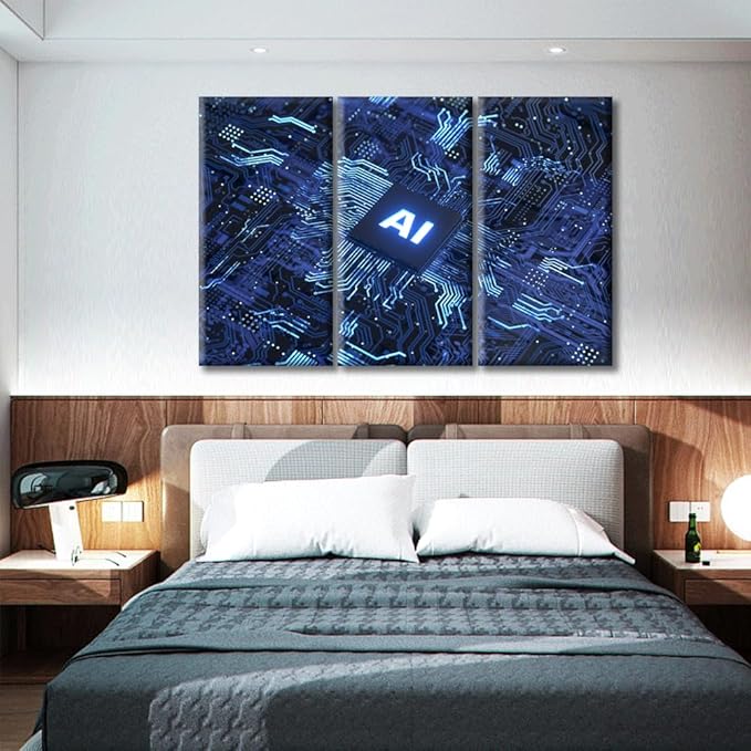 Wall Art for Living Room Artificial Intelligence Concept Canvas Wall Art Computer Processors CPU Wall Art Chip Posters & Prints 3 Panels Modern Artwork Ready to Hang for Bedroom Office 60"Wx40"H