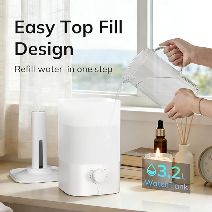 ZAFRO 3.2L Cool Mist Humidifier for Bedroom, 7 Color LED Night Light, Top Fill Design & Multiple Mist Levels, 24 dB Quiet Ultrasonic Comfort Humidifiers, White, Konb Control