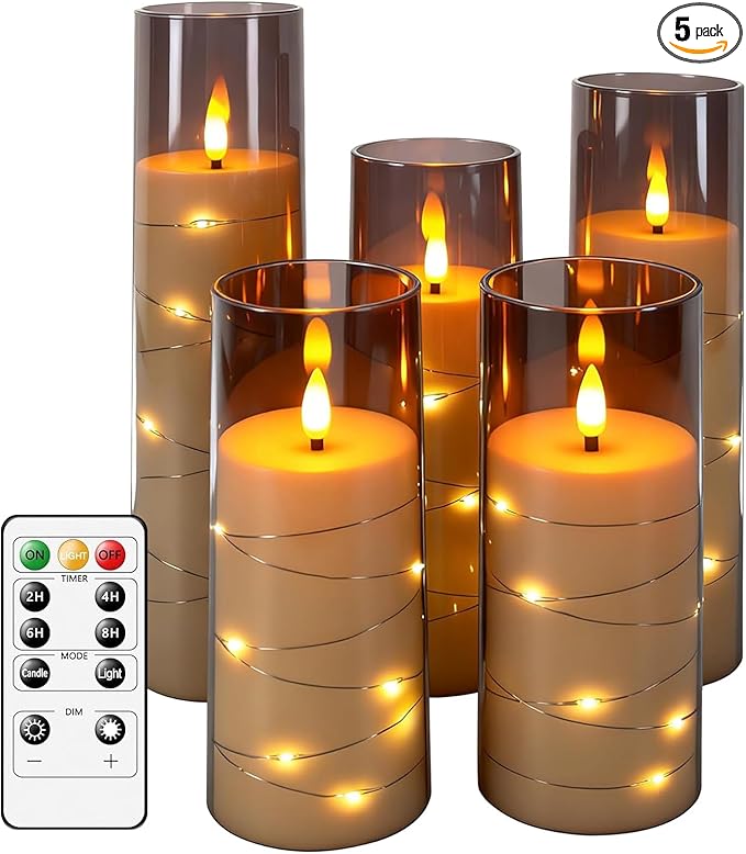 uuffoo 5 Pcs Flameless LED Candles with Timer Remote Flickering Flameless Candles with Embedded Star String, 3D Wick Acrylic Battery Operated LED Pillar Candles for Wedding Party Home Decor
