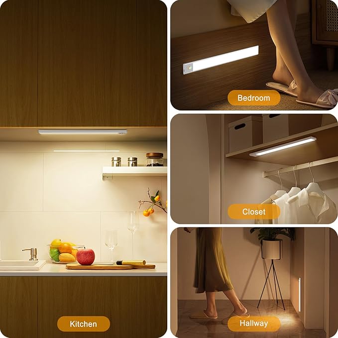 BLS Under Cabinet Lights, 46 LED lights Battery Operated Motion Sensor Light Indoor, USB C Rechargeable Closet Lights Motion Sensored, 1500mah Wireless Magnetic Light for Kitchen Night Stairs (2 Pack)