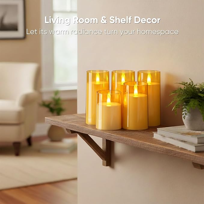 Amagic 3"×4" 5" 6" 6" 6" Gold Flameless Candles with Remote and Timer, Realistic Flickering Battery Operated Acrylic Led Fake Candles for Home Wedding Party Fall Christmas Decor, Set of 5