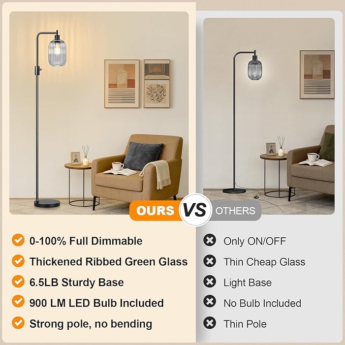 【Upgraded】 Dimmable Glass Floor Lamp for Living Room, Modern Black Standing Lamp with Green Ribbed Gray Lampshade & Knob Dimmer, Arc Tall Lamp for Bedroom Office Reading Room, 2700K Led Bulb Included