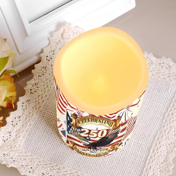 Independence Day Flameless LED Candles Patriotic Floral Design Warm Lamp America 250th Battery Operated Flickering Timer Candle Aesthetic Cozy Minimalist Home Decor, 4 Pack