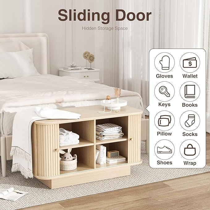31" Shoe Storage Bench Dark Oak Entryway Storage Bench with Sliding Doors, Padded Cushion and 5 Metal Wall Hooks for Hallway, Living Room
