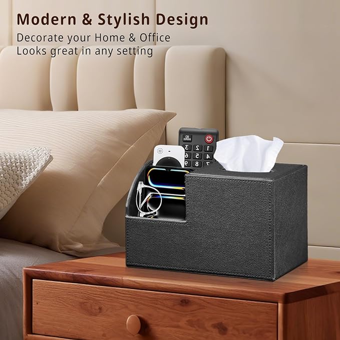 PU Leather Square Tissue Box Cover - Multi-Functional Tissue Box Holder, Tissue Box Cover with Storage,Tissue and Remote Control Holder, Cube Tissue Box Organizer Bedroom Nightstand End Table
