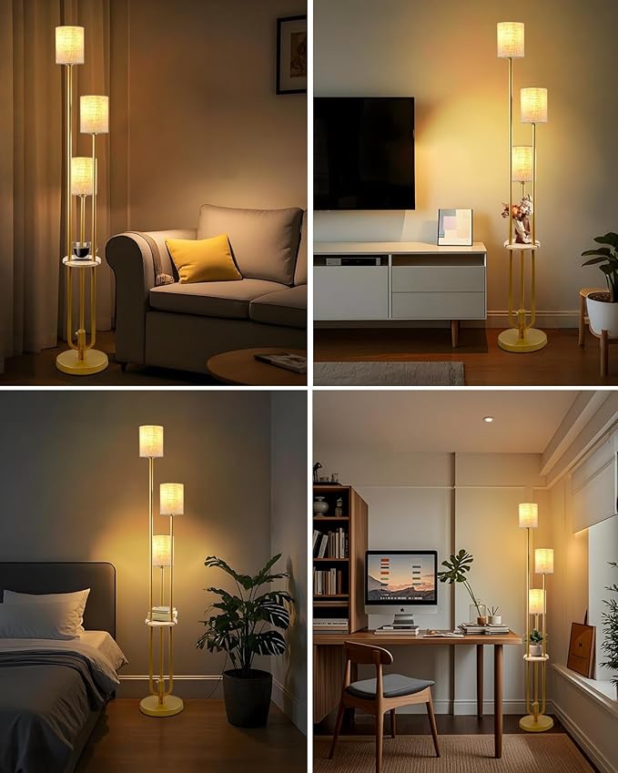Lightdot Dimmable Floor Lamp for Living Room 3-Light Modern Floor Lamps with Table&Linen Beige Shade 3000K Warmwhite Gold Standing Lamp for Bedroom/Sofa Beside/Corner Decor (Bulbs Included)