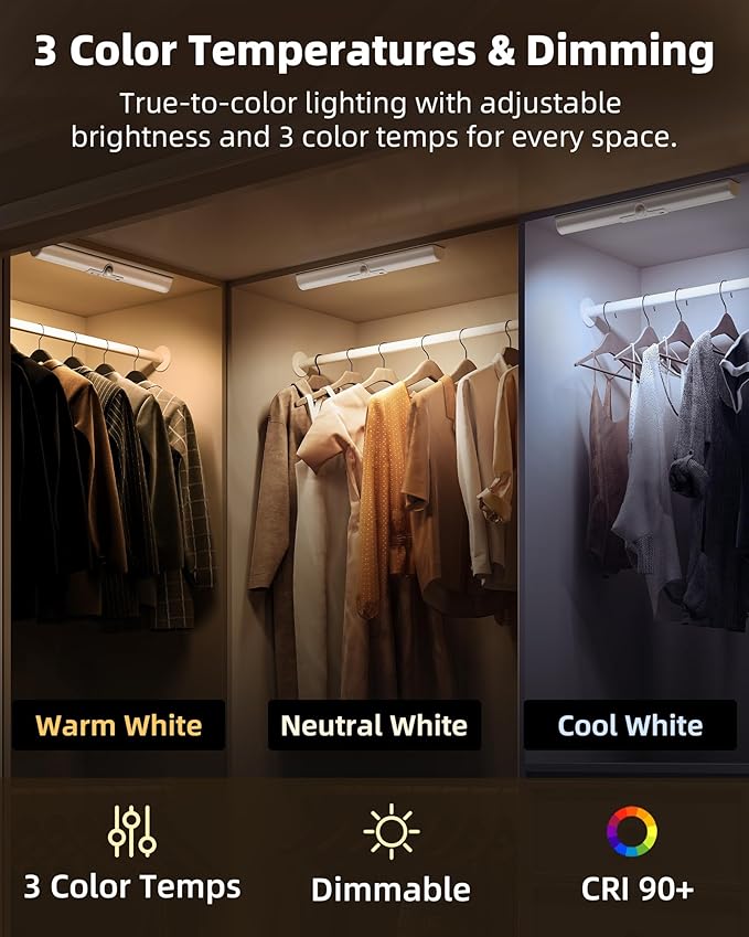 EZVALO 13inch Motion Sensor Closet Lights, 2 Pack Rechargeable LED Lights with Rotatable Sensor, Glare-Free, 3 Color Temps & Dimmable, Magnetic Cabinet Lighting for Closet, Pantry, Stairs