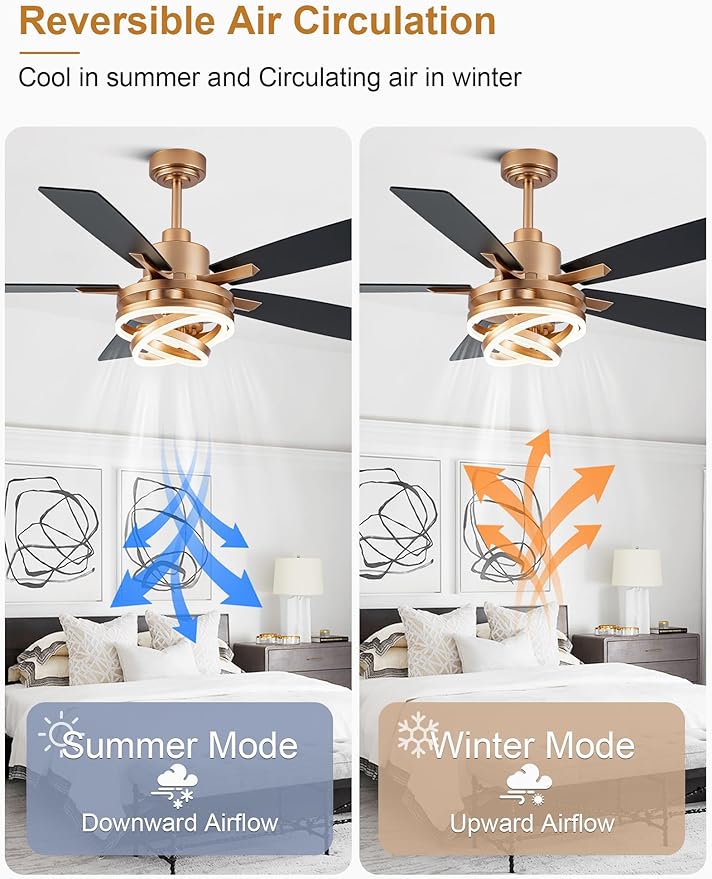 52" Gold Ceilling Fans with Lights Modern Chandelier Fan DC Motor Dimmable Led Fandelier Ceiling Fan with Light for Bedroom, Living Room