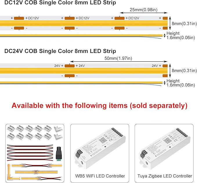 COB LED Strip Light, IP30 DC24V 6000K High Density Uniform Light 480LEDs/M Super Bright CRI>90 16.4ft Tape Dotless Cuttable Flexible for Cabinet Home Indoor DIY Lighting (No Power or Controller)