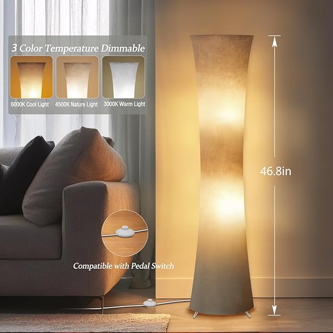 GyroVu 46" Modern Floor Lamps for Living Room, LED Column Standing Floor Lamp with Color Temperature Adjustable & Gray Fabric Lampshade for Corner, Bedroom, Office & Kid's Room - Bulbs Included