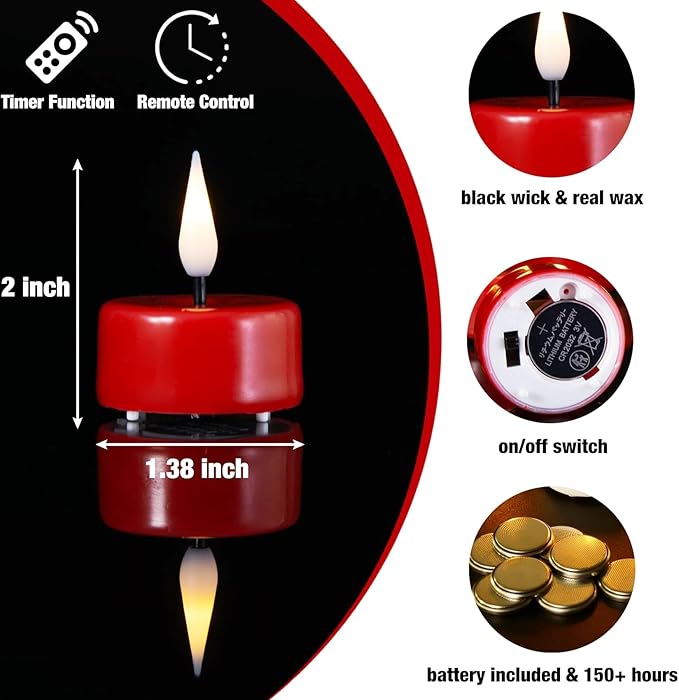Eywamage Red Flameless Tealights with Remote Batteries, Flickering Real Wax LED Tea Votive Candles Proposal Decor Set of 10